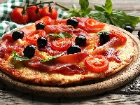 Pizza, Oliwki, Szynka, Deski, Pomidory