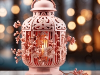 Światła, Lampion, Różowy, Ornament, Grafika, Kwiaty