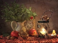 Gałązki, Świąteczna, Jabłka, Koszyczek, Świeczka, Lampion, Kompozycja, Bombka, Orzechy