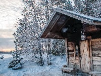 Ośnieżone, Lemmoncarks, Finlandia, Budowla, Drzewa, Zima, Śnieg, Sauna, Jezioro Payanne