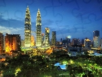 Oświetlenie, Kuala Lumpur, Park, Malezja, Petronas Towers, Wieczór