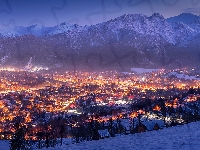 Zakopane, Góry, Zima, Oświetlone, Polska, Miasto