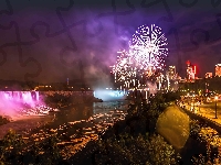 Budynki, Niagara, Wodospad, Oświetlone, Miasto, Sztuczne ognie