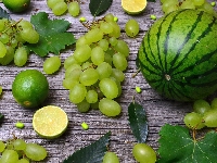 Deski, Arbuz, Liście, Owoce, Limonka, Winogrona, Zielone