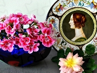 Kompozycja, Ozdobny, Pelargonie, Róża, Talerz