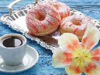 Tulipan, Deski, Rozwinięty, Filiżanka, Taca, Donuty, Kawa, Pączki