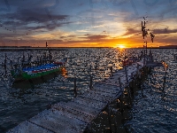 Łódka, Port, Pomosty, Portugalia, Jezioro, Porto Palafita da Carrasqueira, Zachód słońca