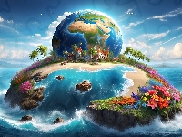 Wyspa, Grafika, Morze, Palmy, Ziemia, Planeta, Kwiaty