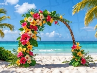 Morze, Palmy, Plaża, Kwiaty, Łuk