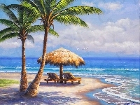 Palmy, Leżaki, Morze, Plaża, Parasol