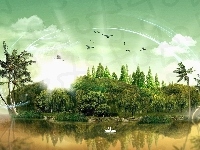 Palmy, Wyspa, Ptaki, Fantasy