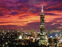 Panorama, Światła, Tajwan, Taipei 101, Noc