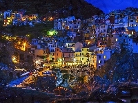 Panorama, Manarola, Nocą, Domy, Włochy, Miasta