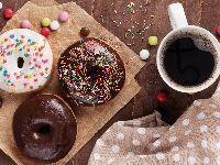 Papier, Kawa, Kubek, Pączki, Kolorowe, Ścierka, Deski, Donuty, Cukierki