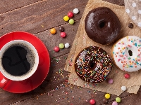 Papier, Kawa, Cukierki, Ściereczka, Donuty, Czerwona, Filiżanka, Deski, Pączki, Trzy