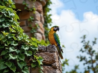 Rośliny, Siedząca, Mur, Papuga, Pnące, Ara