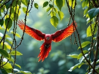 Liście, Czerwona, Ptak, Papuga, AI, Liany