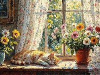 Doniczka, Wazon, Kwiaty, Śpiący, Kot, Okno, Rudy, Parapet