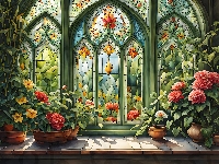 Witraże, Doniczki, Kwiaty, Parapet, 2D, Okno