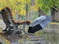 Parasol, Deszcz, Park, Ławka, Jesień