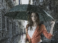 Parasol, Śliczna, Dziewczyna, Deszcz