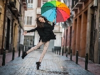 Parasol, Ulica, Dziewczyna, Kolorowy, Radość