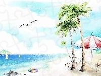 Parasol, Plaża, Palmy, Morze