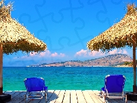Plaża, Parasole, Wakacje, Leżaki, Morze, Góry, Tropiki