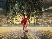 Parasolka, Deszcz, Kobieta, Czerwona, Drzewo