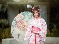 Kimono, Kobieta, Japonka, Parasolka