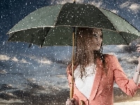 Parasolka, Piękna, Kobieta, Deszcz