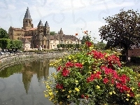 Zamek, Parey, Kwiaty, Burgundia, Le Monial, Rzeka