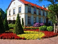 Park Oliwski im. Adama Mickiewicza, Gdańsk, Alejka, Ścieżka, Rośliny, Dworek, Polska, Budynek, Kwiaty