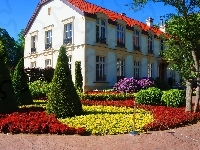 Park Oliwski im. Adama Mickiewicza, Gdańsk, Alejka, Ścieżka, Rośliny, Dworek, Polska, Budynek, Kwiaty