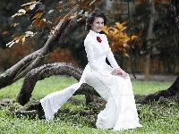 Park, Jesień, Uśmiechnięta, Brunetka, Drzewa