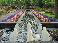 Fontanna, Park, Holandia, Lisse, Keukenhof, Gazony Kwiatowe