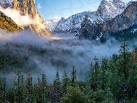 Park Narodowy Yosemite, Góry, Stany Zjednoczone, Mgła, Dolina Yosemite Valley, Lasy, Stan Kalifornia