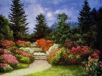 Park, Lato, Obraz, Thomas Kinkade, Kwiaty