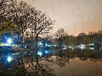 Park, Zmierzch, Oświetlony, Jezioro