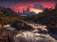 Jesień, Argentyna, Roślinność, Skały, Rwąca, Patagonia, Góra, Rzeka, Park Narodowy Los Glaciares, Fitz Roy