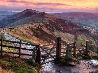 Płot, Wschód słońca, Droga, Park Narodowy Peak District, Hrabstwo Derbyshire, Wzgórza, Anglia, Wzgórze Mam Tor
