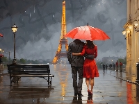 Paryż, Francja, Wieża Eiffla, Kobieta, Mężczyzna, Deszcz, 2D, Parasol