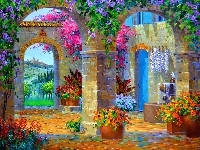 Patio, Łuki, Dom, Tarasy, Kwiaty