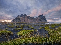 Czarny, Islandia, Plaża, Trawa, Góra Vestrahorn, Góry, Piasek