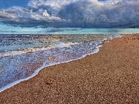 Piasek, Chmury, Morze, Plaża, Fale