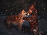 Dziewczynka, Akita inu, Pies, Zima, Śnieg