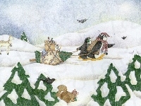 Pingwiny, Choinka, Zima, Śnieg, Sanie