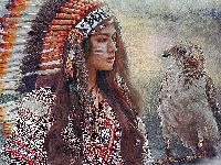 Sokół, Indianka, Kobieta, Pióropusz, Grafika, Ptak