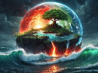 Drzewo, Fantasy, Wyspa, Pioruny, Planeta, Morze, Ogień