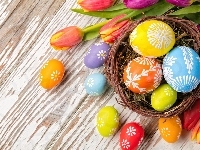 Pisanki, Tulipany, Wielkanoc, Dekoracja, Koszyk